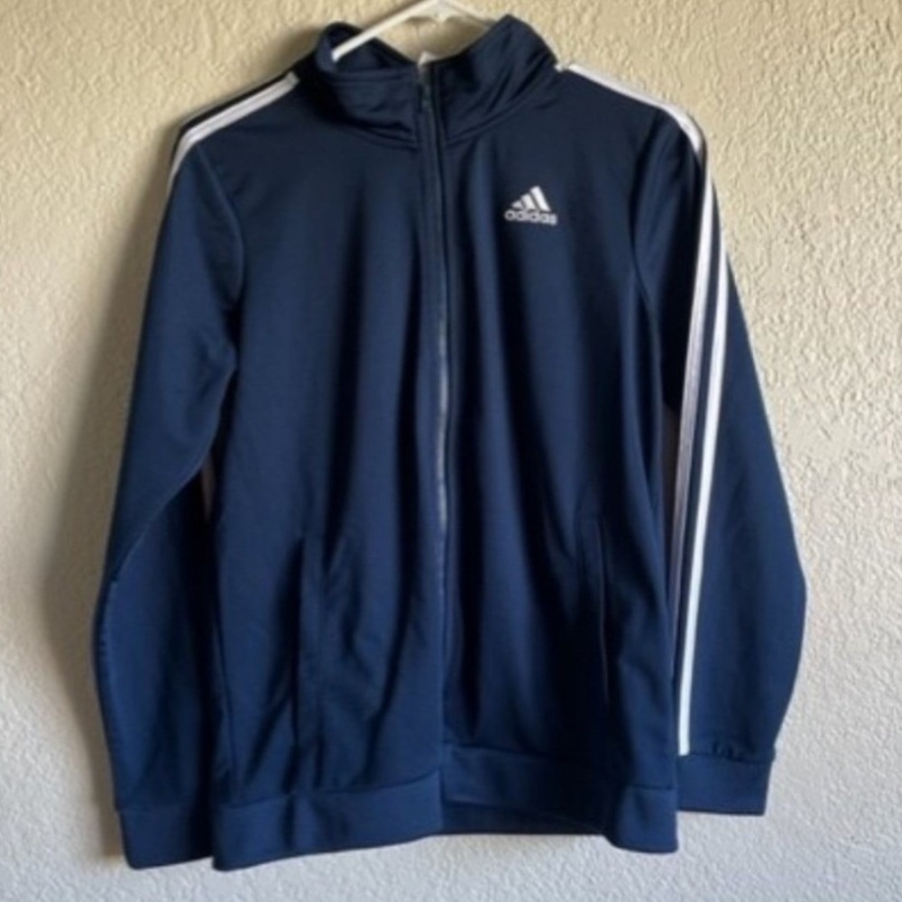 Adidas Boys Large 14/16 Blue‎ Full Zip Track Jacket 3 Stripe Athletic EUC